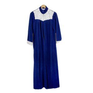 Vanity Fair Housecoat Half Zip Robe Vintage Blue Velour Lace Modest Size XS